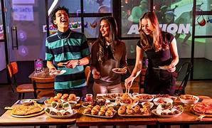 Pizza and party food spread